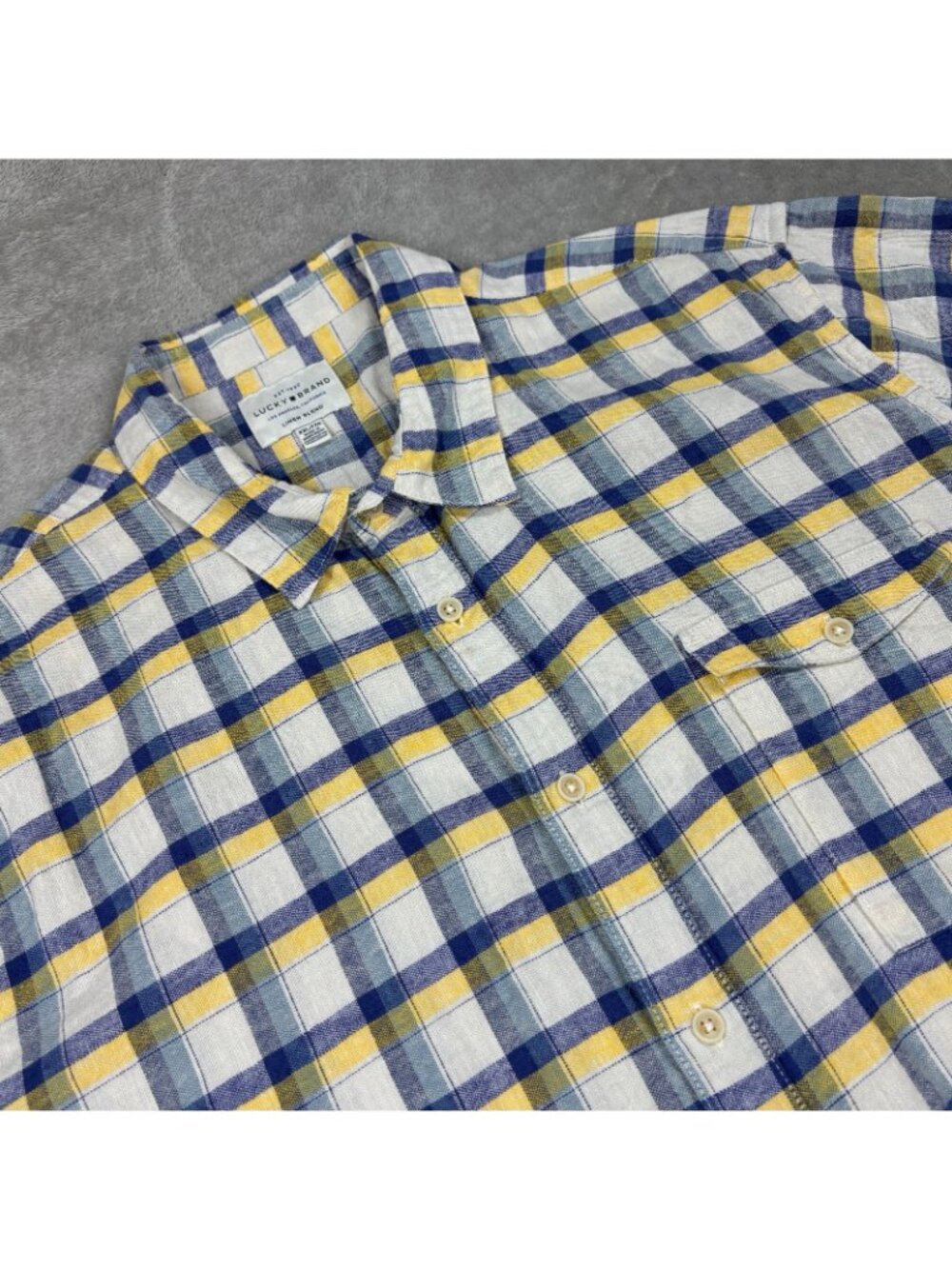 Lucky Brand Shirt Mens 2XL Yellow Blue Linen Blend Plaid Curved Hem Button Up